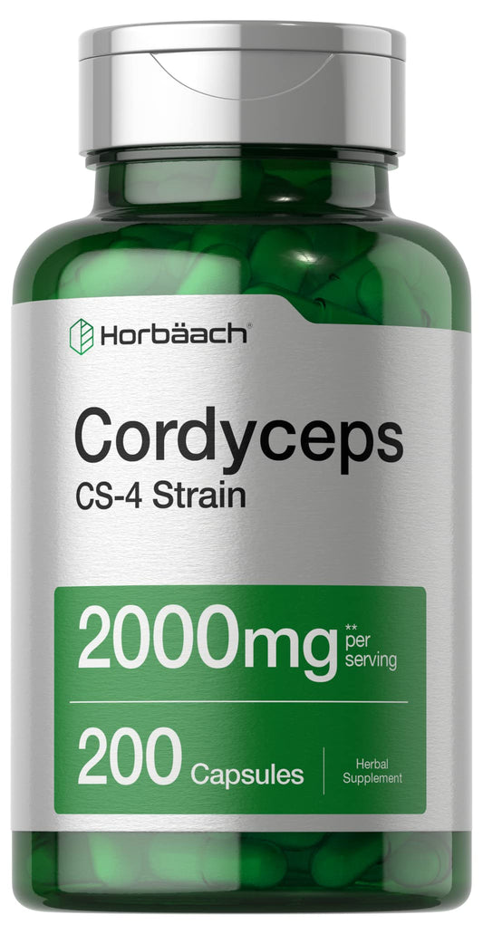 Horbäach Cordyceps capsules bottle with CS-4 strain label