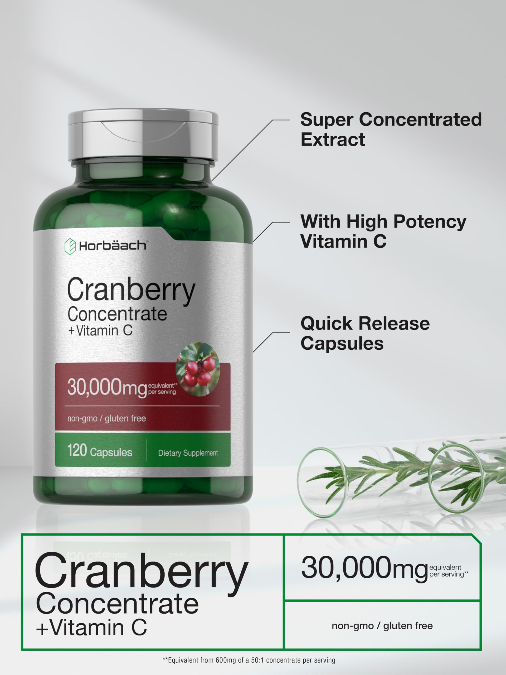 Cranberry Concentrate label showing 30,000 mg per serving and 200 mg Vitamin C