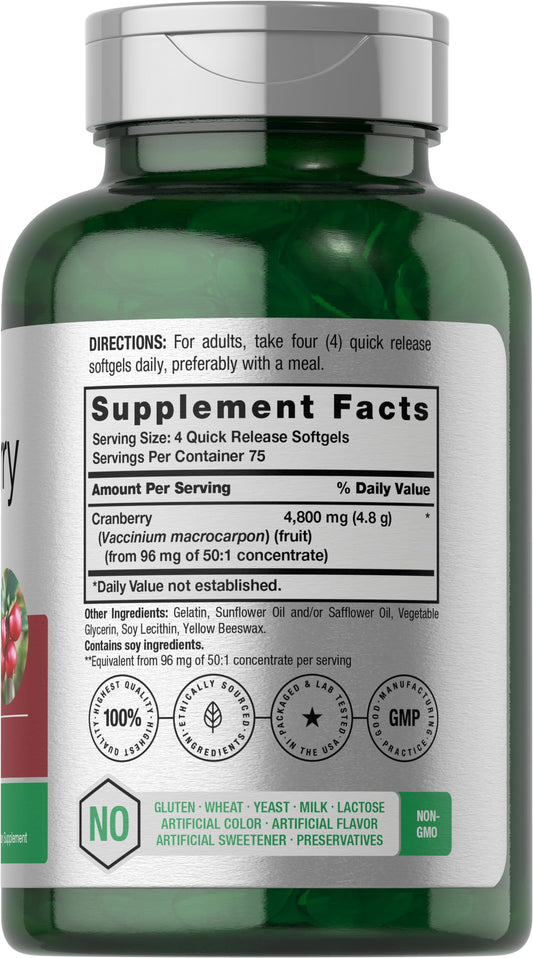 Horbäach Cranberry Pills 4800mg bottle back view with dosage information