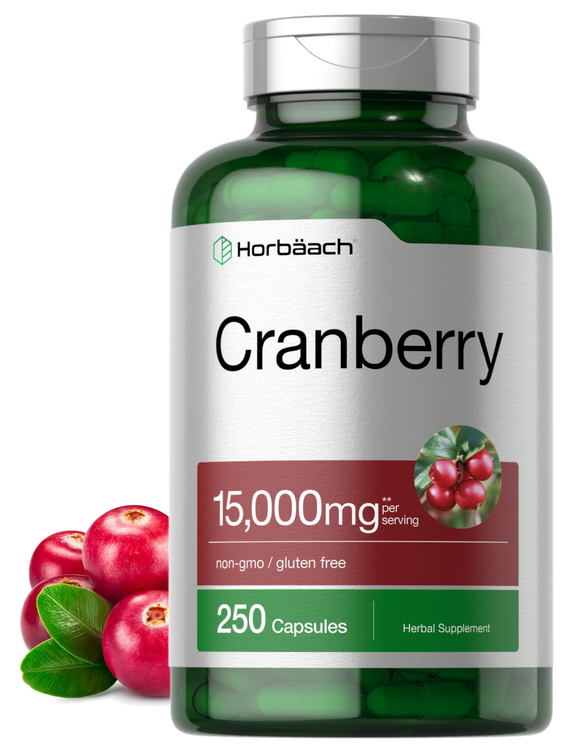 Horbäach Cranberry Pills + Vitamin C bottle on white background