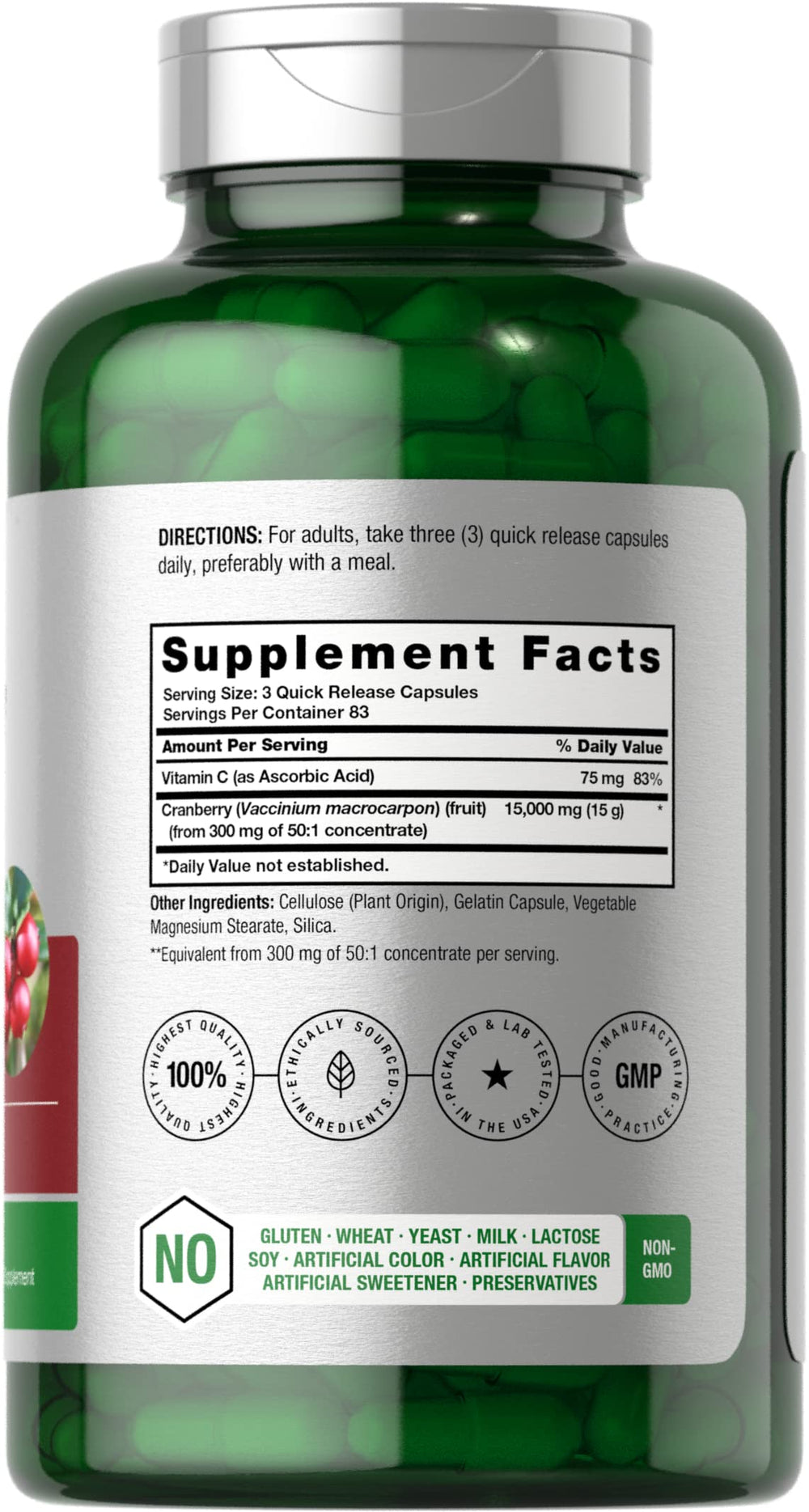 Close-up of cranberry pills and Vitamin C capsules