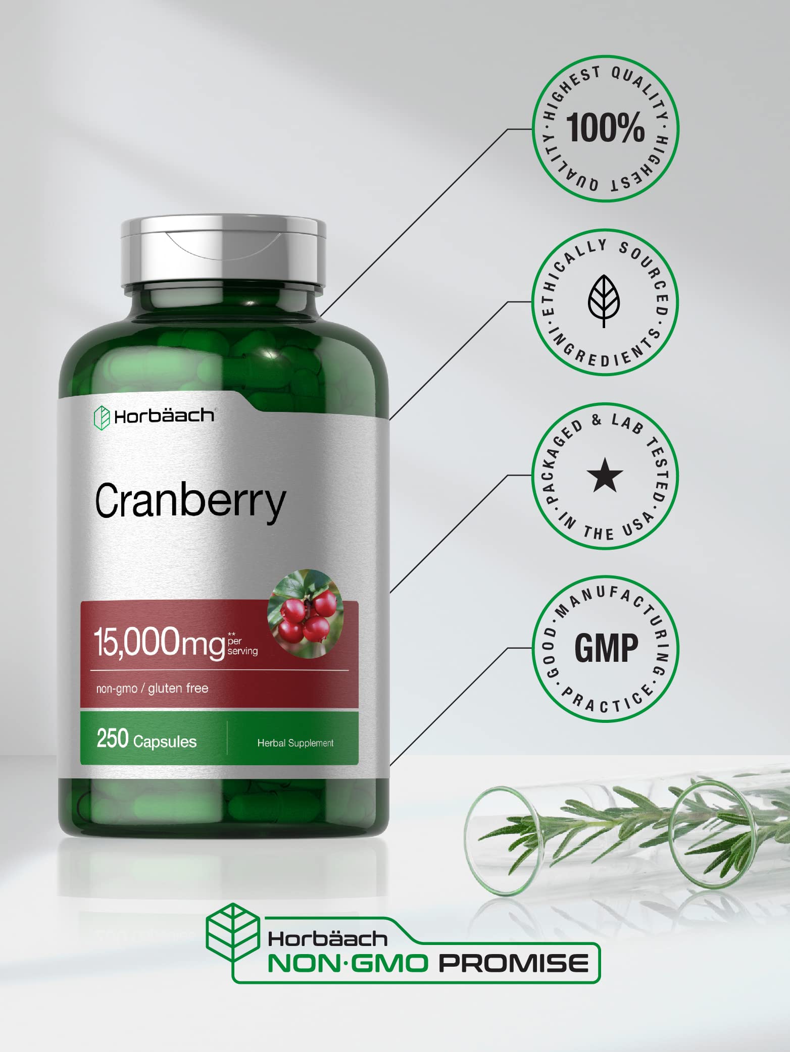 Bottle and capsules of Cranberry Pills + Vitamin C