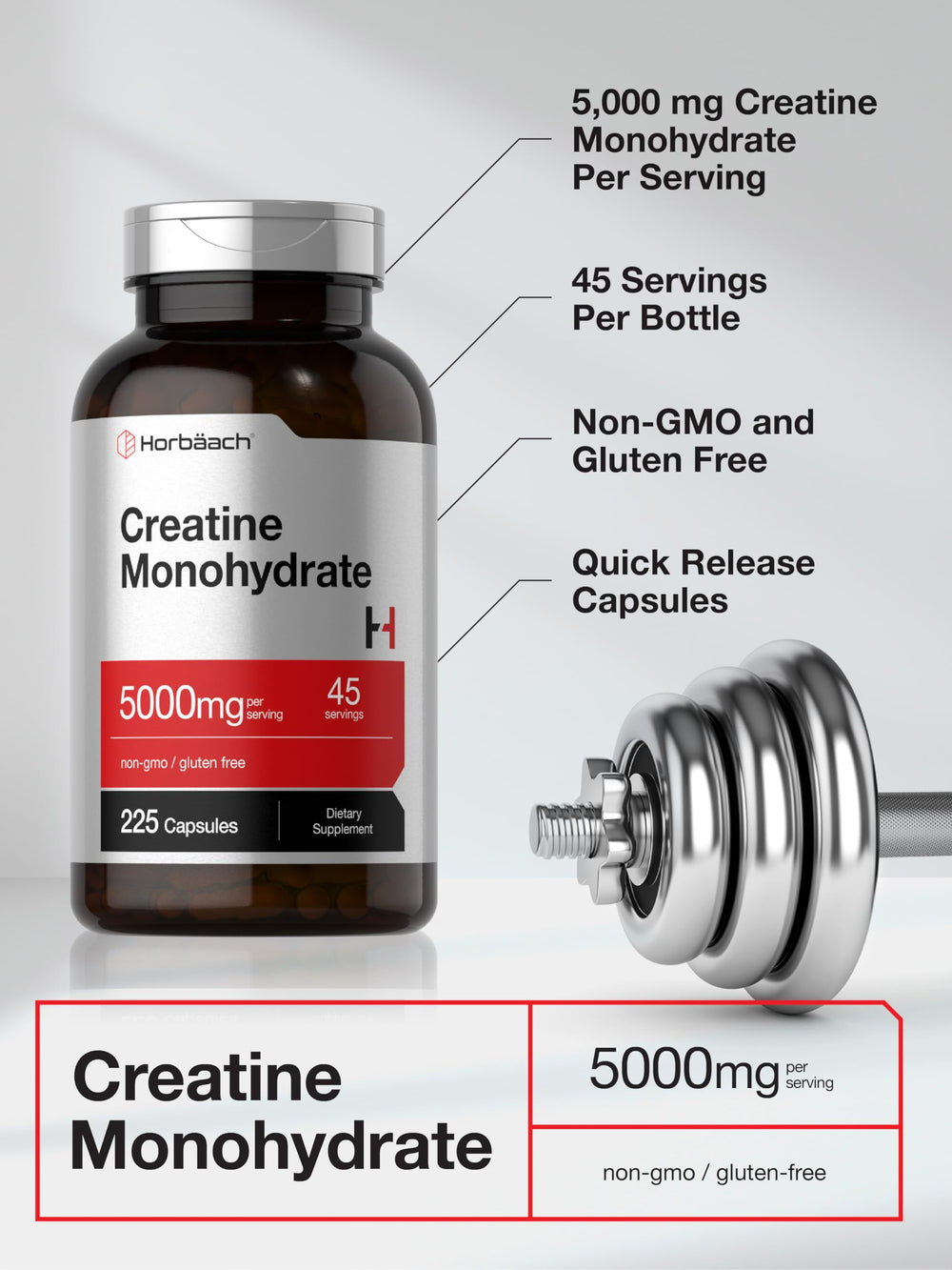 Horbäach Creatine Monohydrate bottle back with nutrition facts