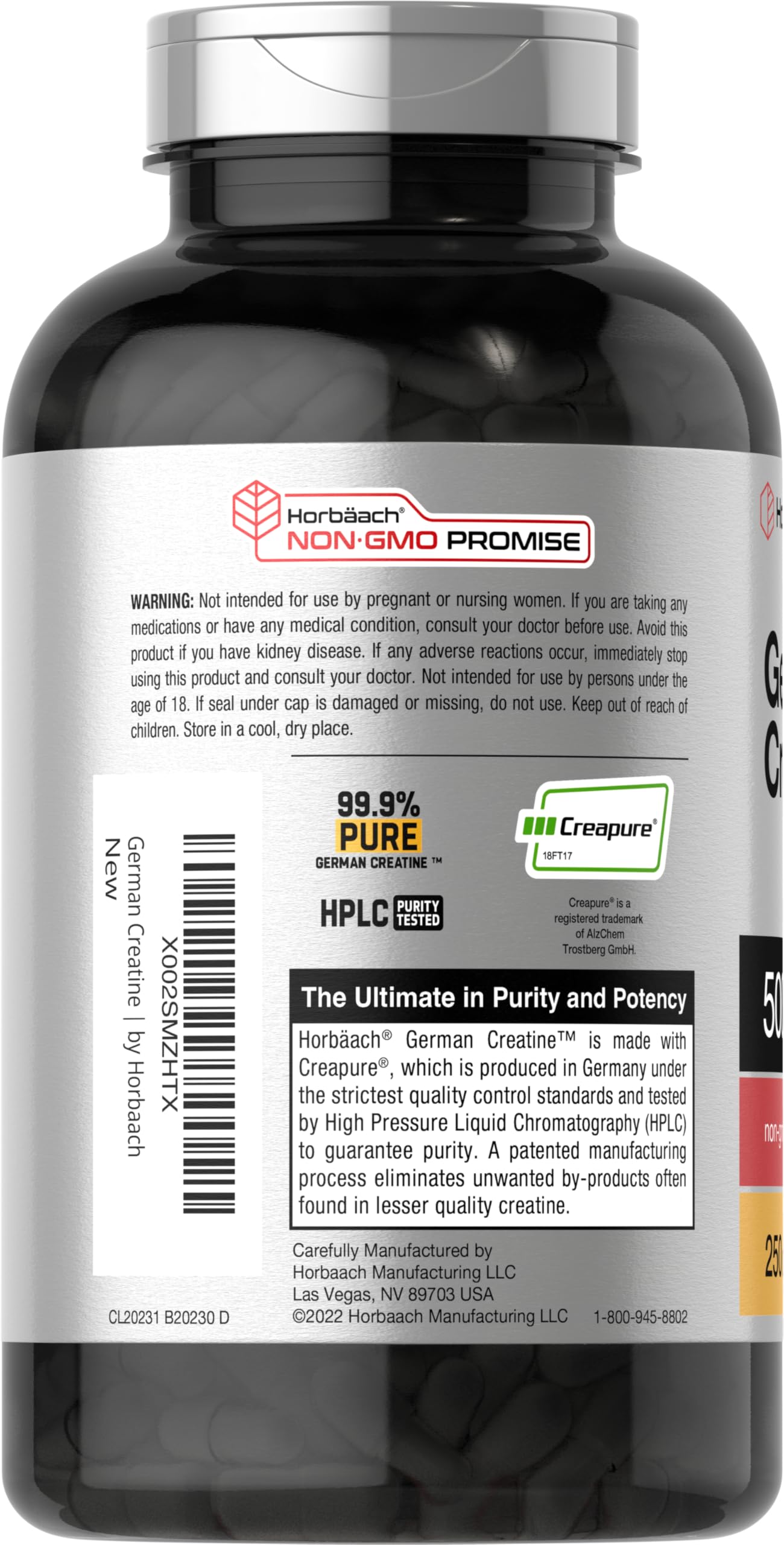 Non-GMO and gluten-free claim on Horbaach creatine monohydrate label