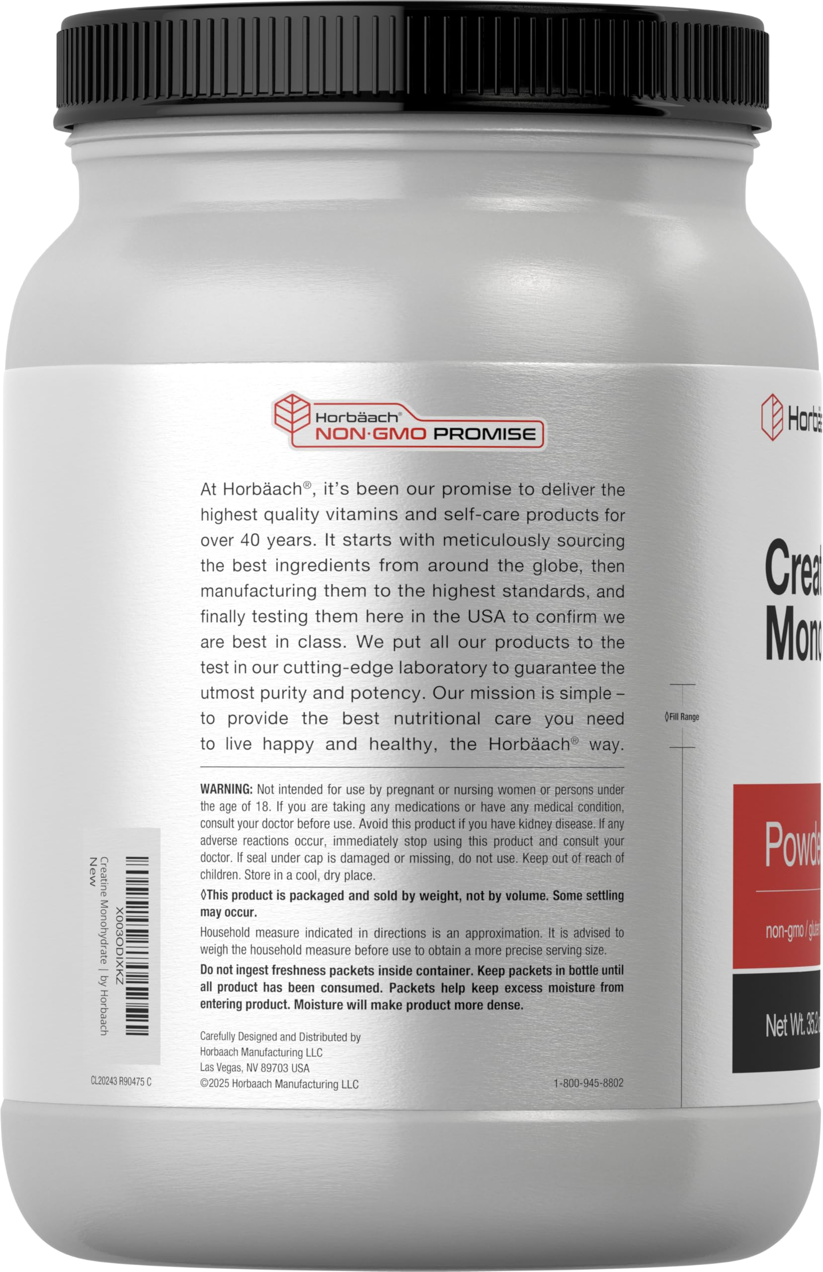 Back side of Horbäach Creatine Monohydrate Powder bottle
