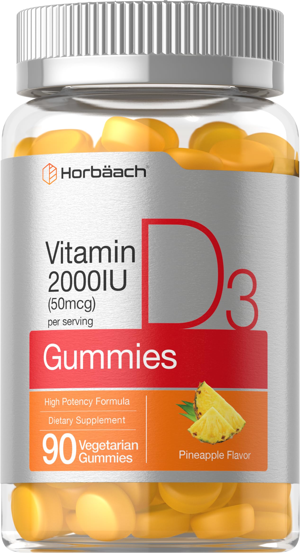 Horbäach Vitamin D3 2000 IU Gummies Pineapple flavor – 90 count bottle label