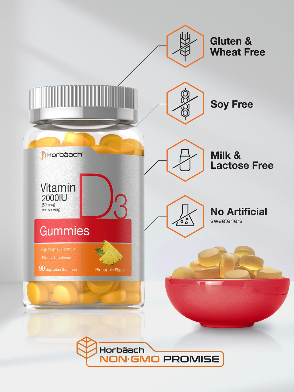 Nutrition facts for Horbäach Vitamin D3 2000 IU Pineapple gummies