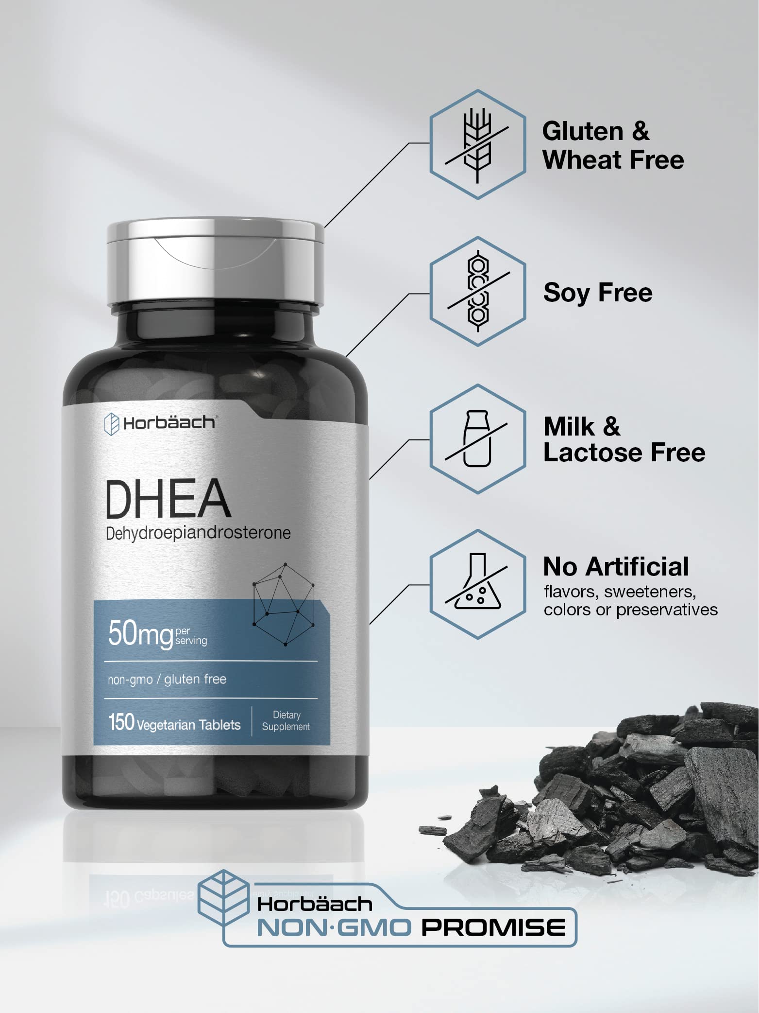 Supplement facts label for Horbaach DHEA 50mg