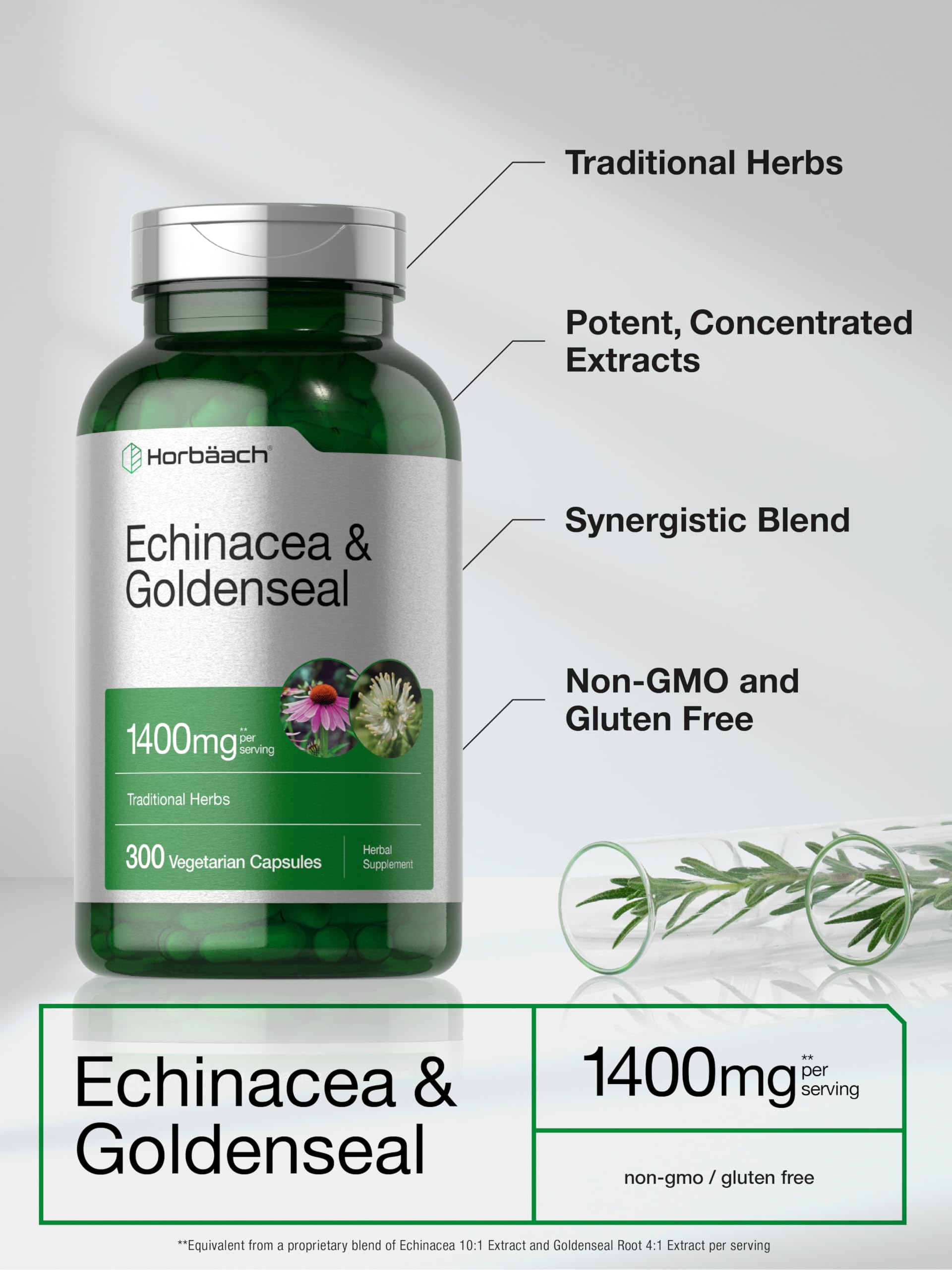 Herbal supplement Horbäach Echinacea Goldenseal capsules