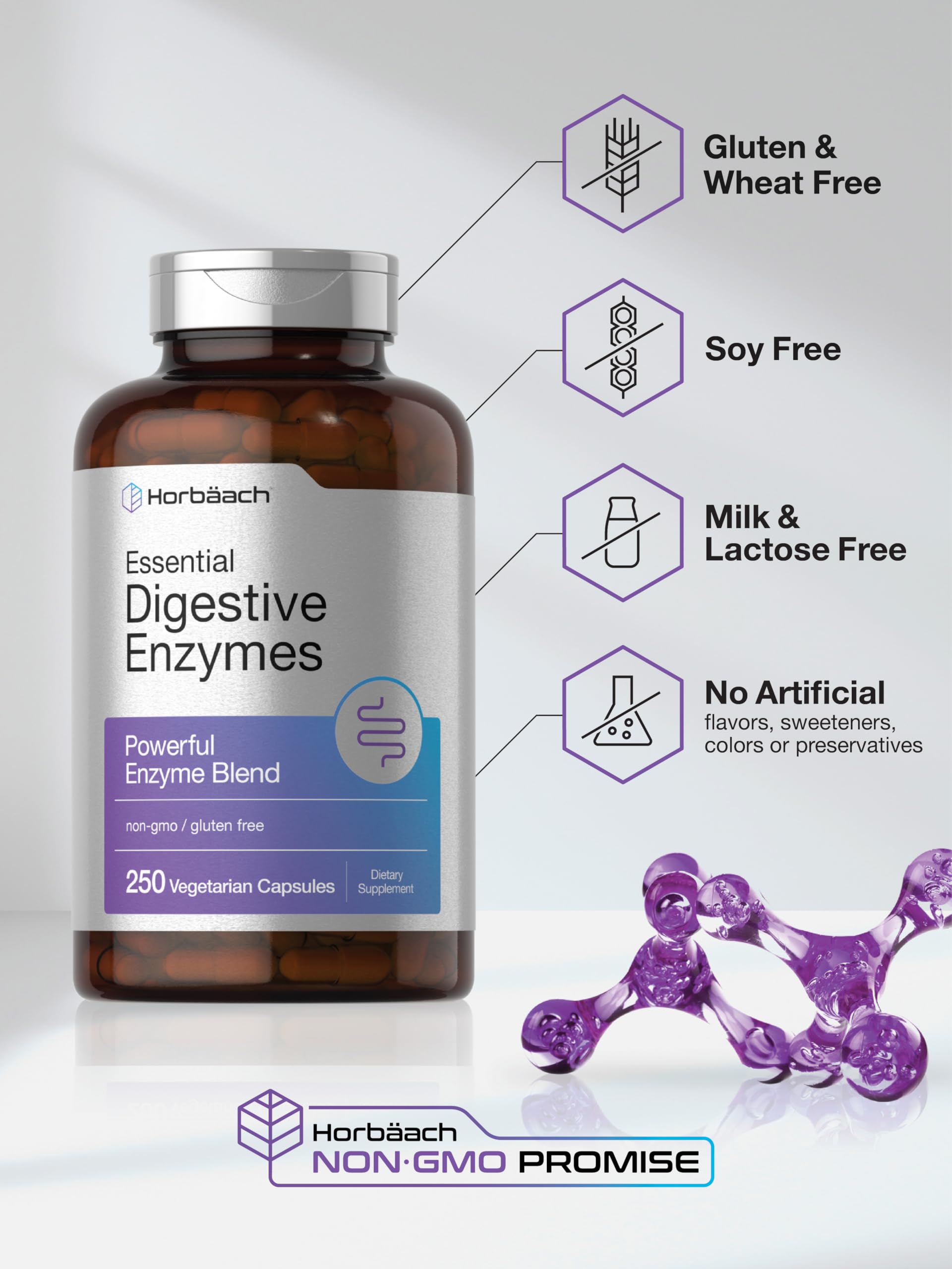 Gluten-free, Non-GMO Horbäach digestive enzymes packaging
