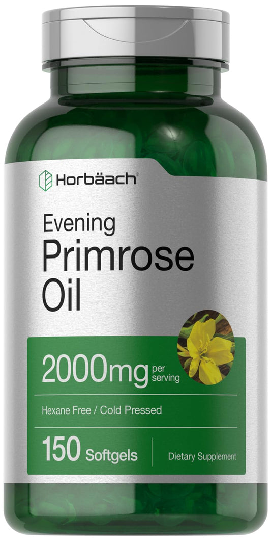 Front view of Horbaach Evening Primrose Oil Softgels bottle, 150 softgels