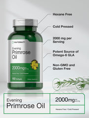 Non-GMO and gluten-free certification icons on Horbaach Primrose Oil box