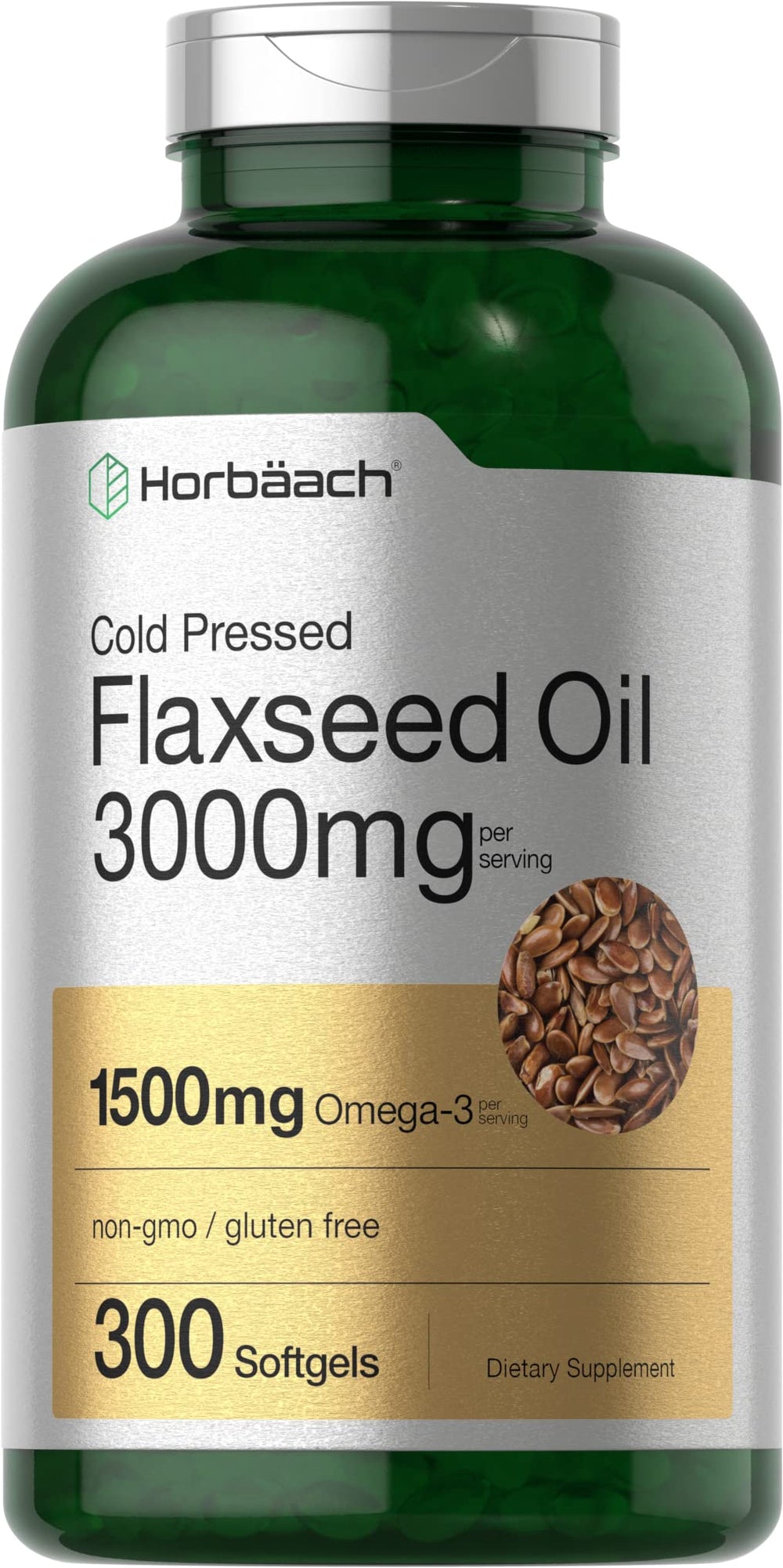 Horbäach Flaxseed Oil Softgel Capsules bottle front view
