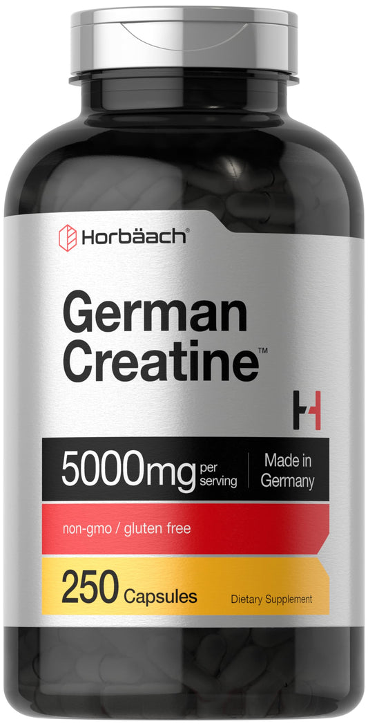Horbaach German Creatine Monohydrate 5000mg bottle with 250 capsules front label