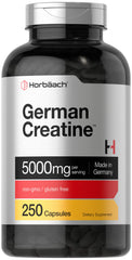 Horbaach German Creatine Monohydrate 5000mg bottle with 250 capsules front label