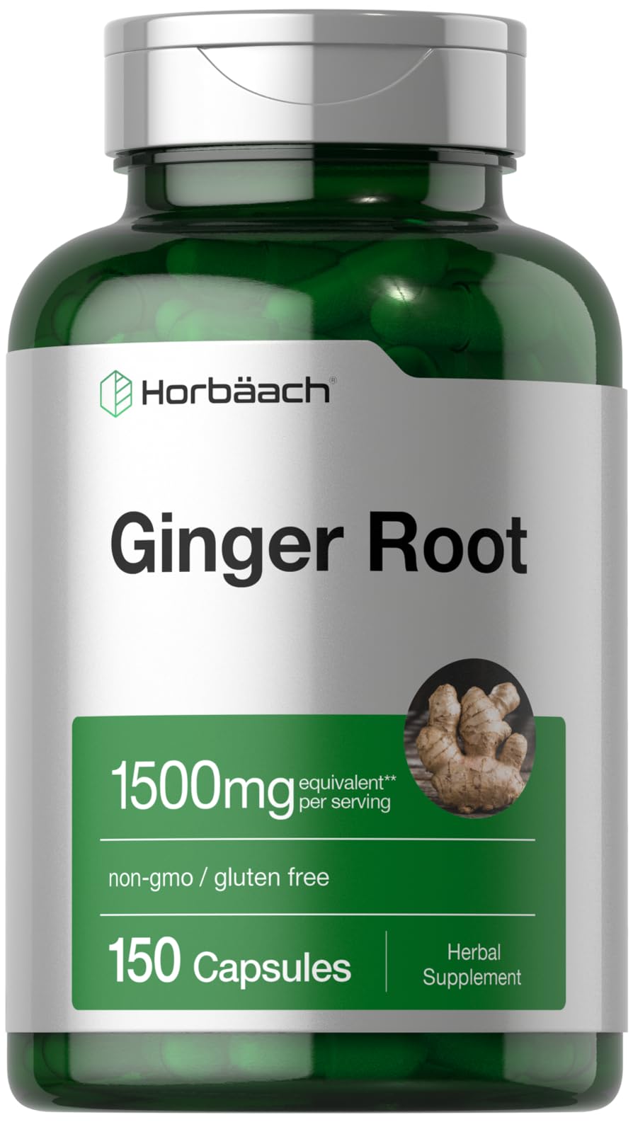 Bottle of Horbaach Ginger Root Capsules 1500mg - 150 Count