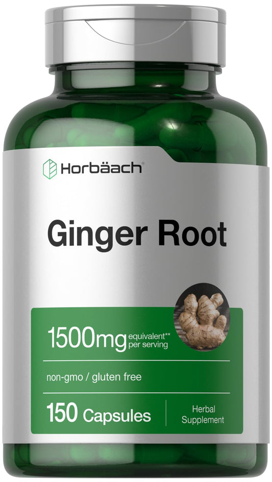Bottle of Horbaach Ginger Root Capsules 1500mg - 150 Count