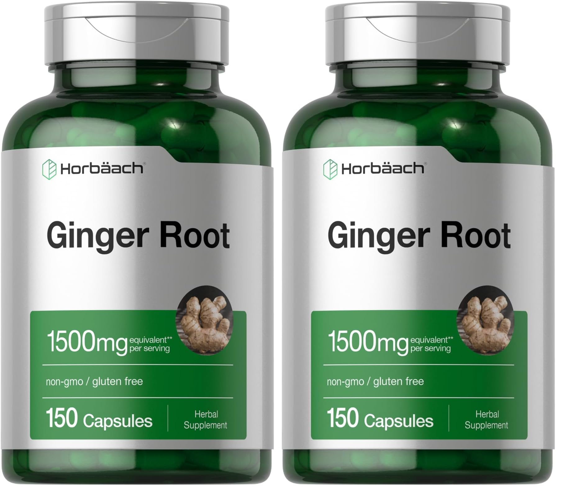 Front view of Horbaach Ginger Root Capsules bottle with 1500 mg and 150 capsules, Pack of 2