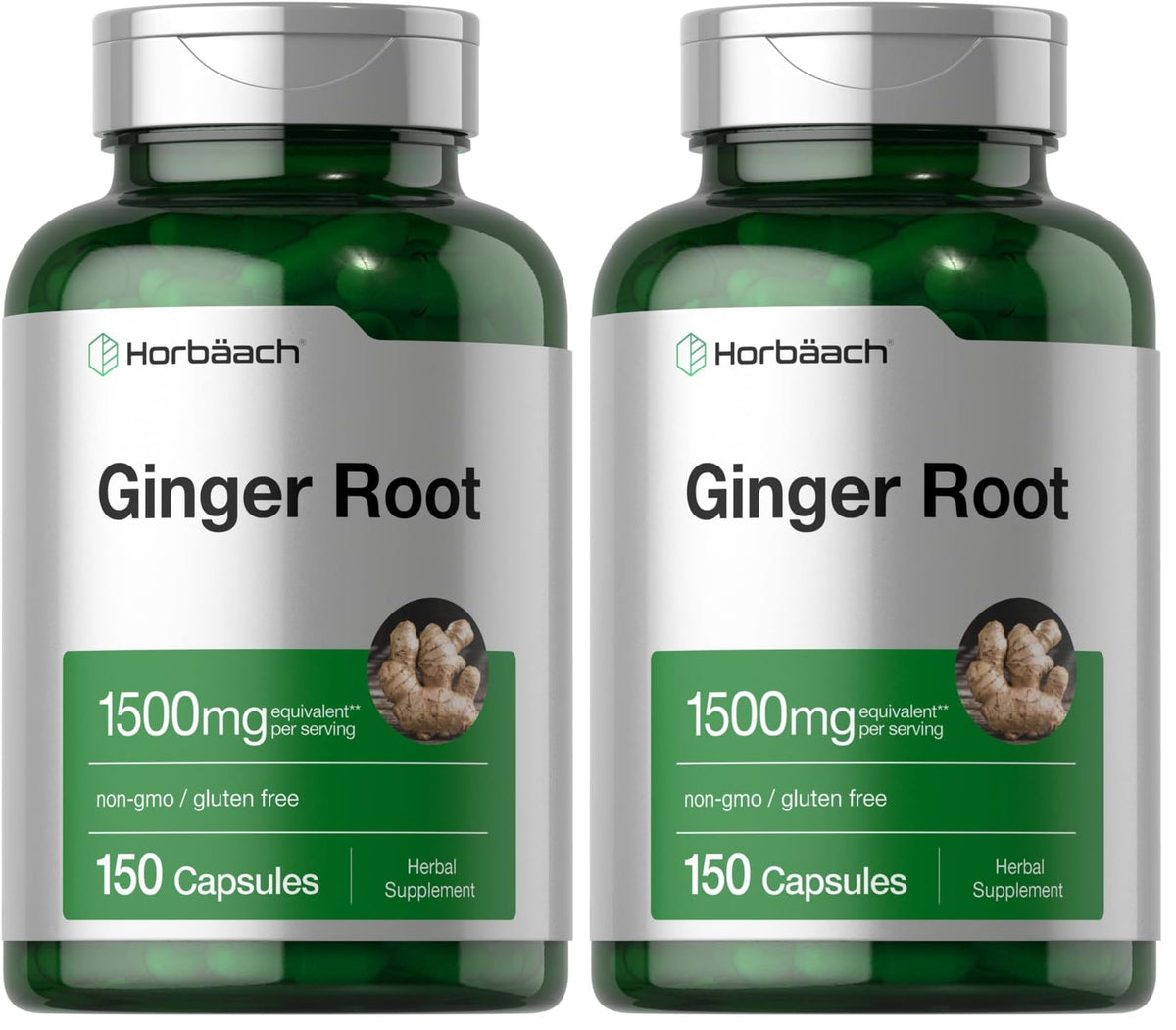 Front view of Horbaach Ginger Root Capsules bottle with 1500 mg and 150 capsules, Pack of 2