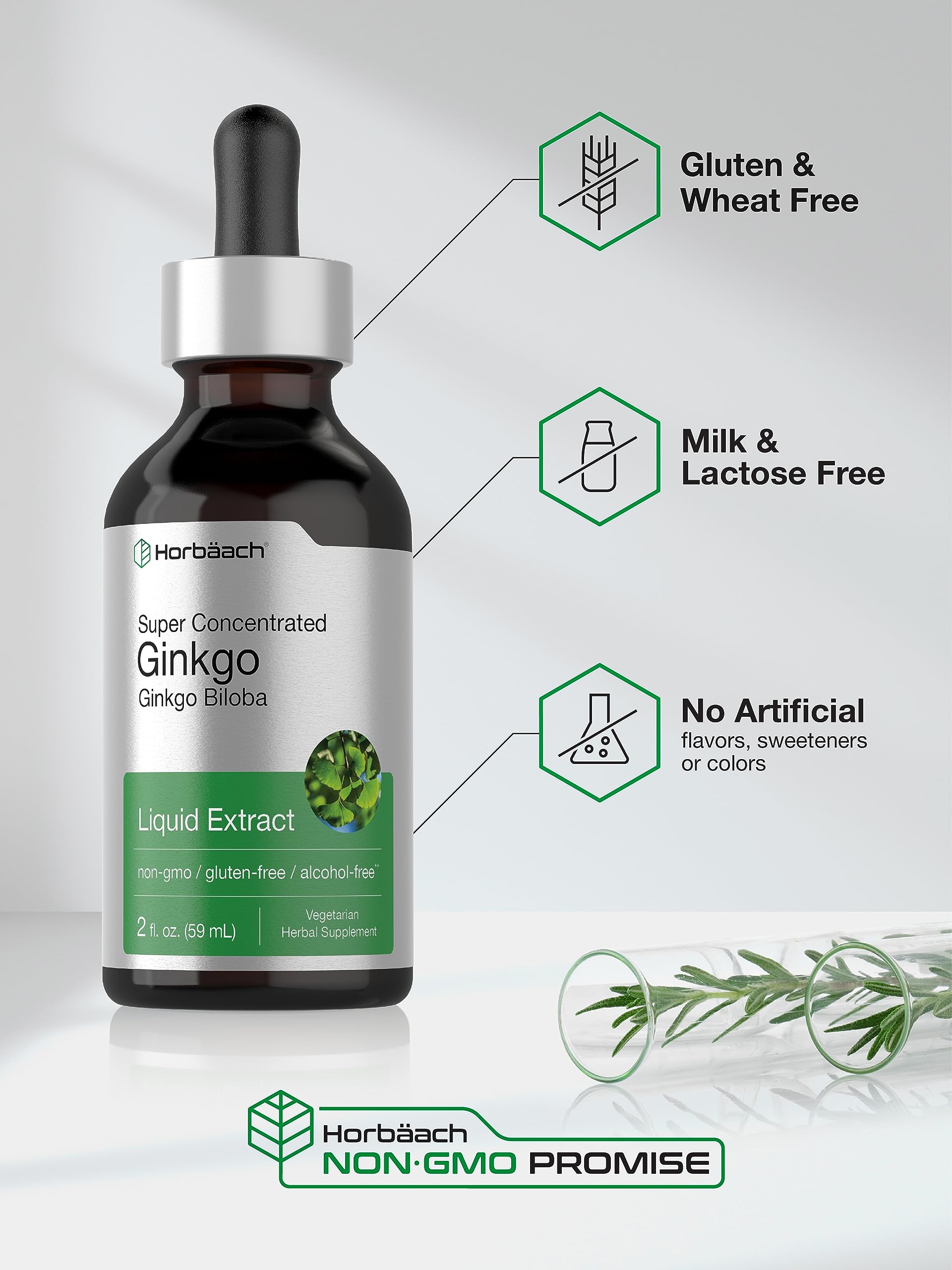 Ginkgo Biloba packaging with gluten-free and non-GMO claims