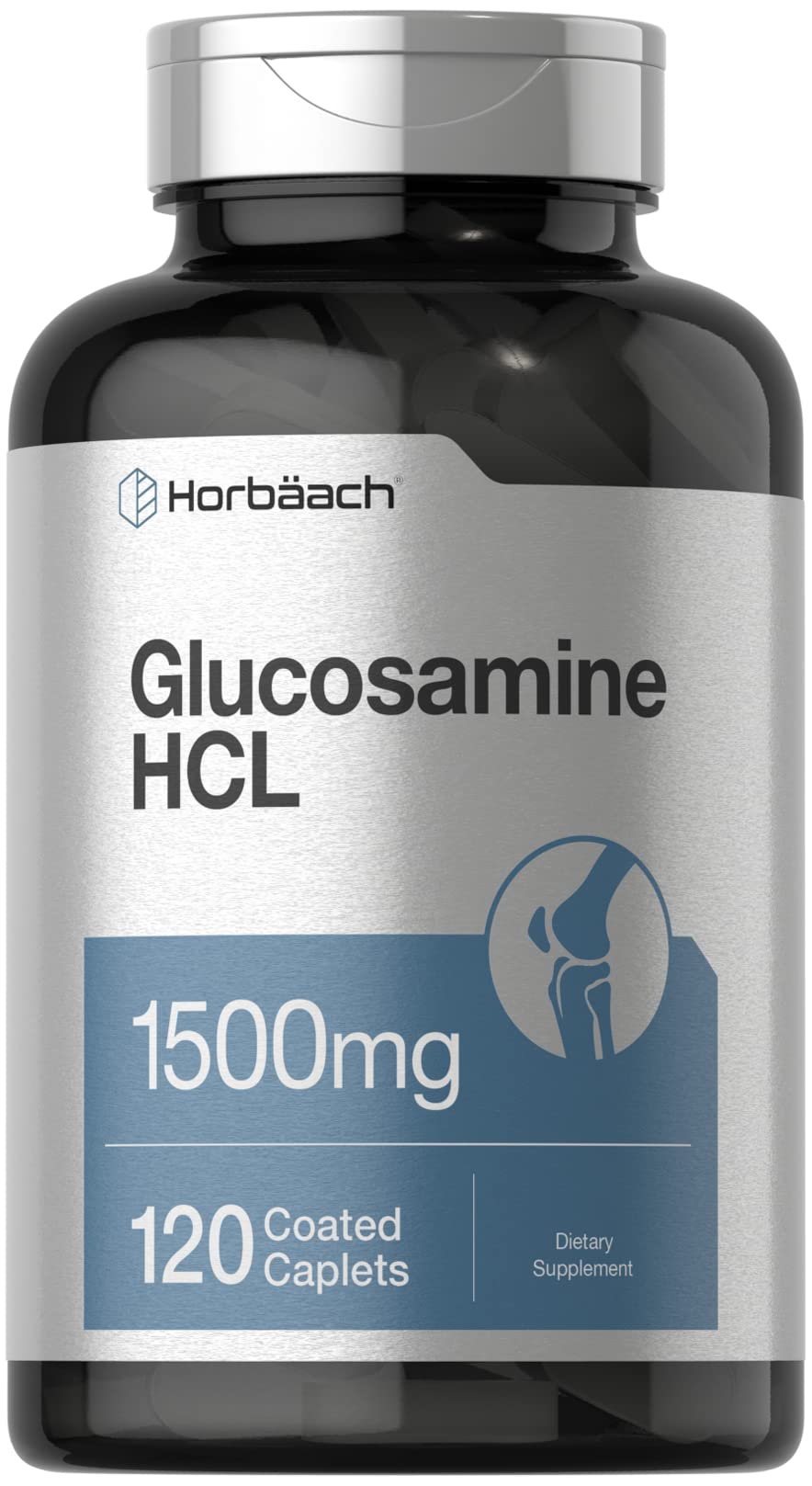 Front view of Horbäach Glucosamine HCL 1500mg bottle with 120 caplets
