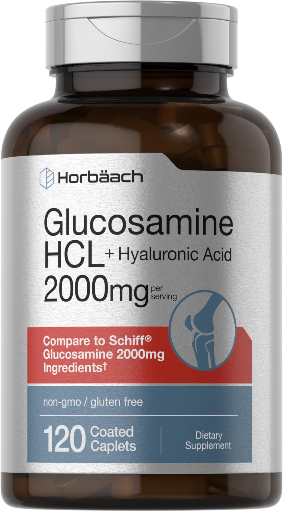 Horbäach Glucosamine HCL with Hyaluronic Acid bottle label showing 2000 mg per serving