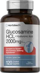 Horbäach Glucosamine HCL with Hyaluronic Acid bottle label showing 2000 mg per serving