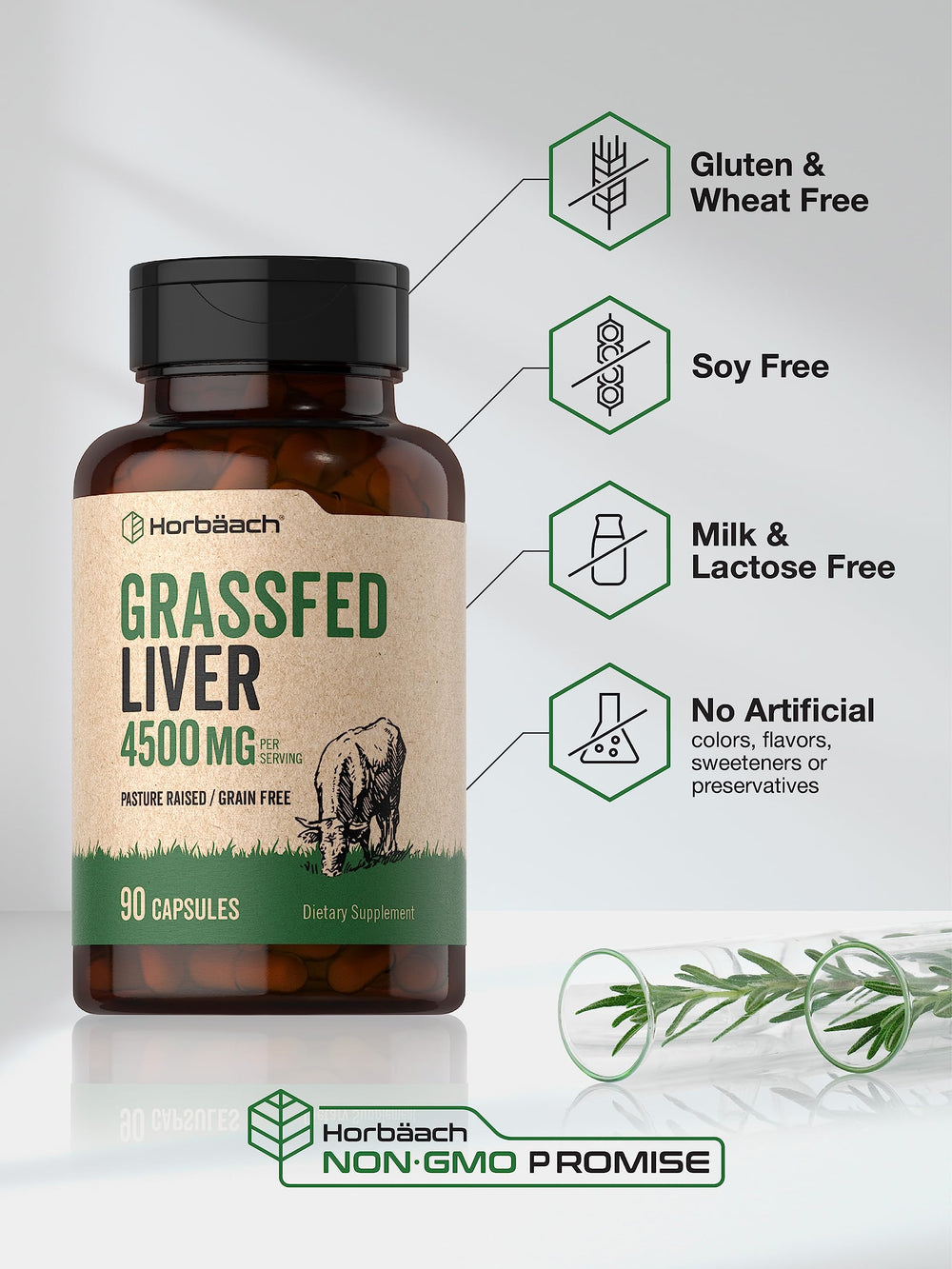 Close-up of Horbäach Grass Fed Beef Liver capsules