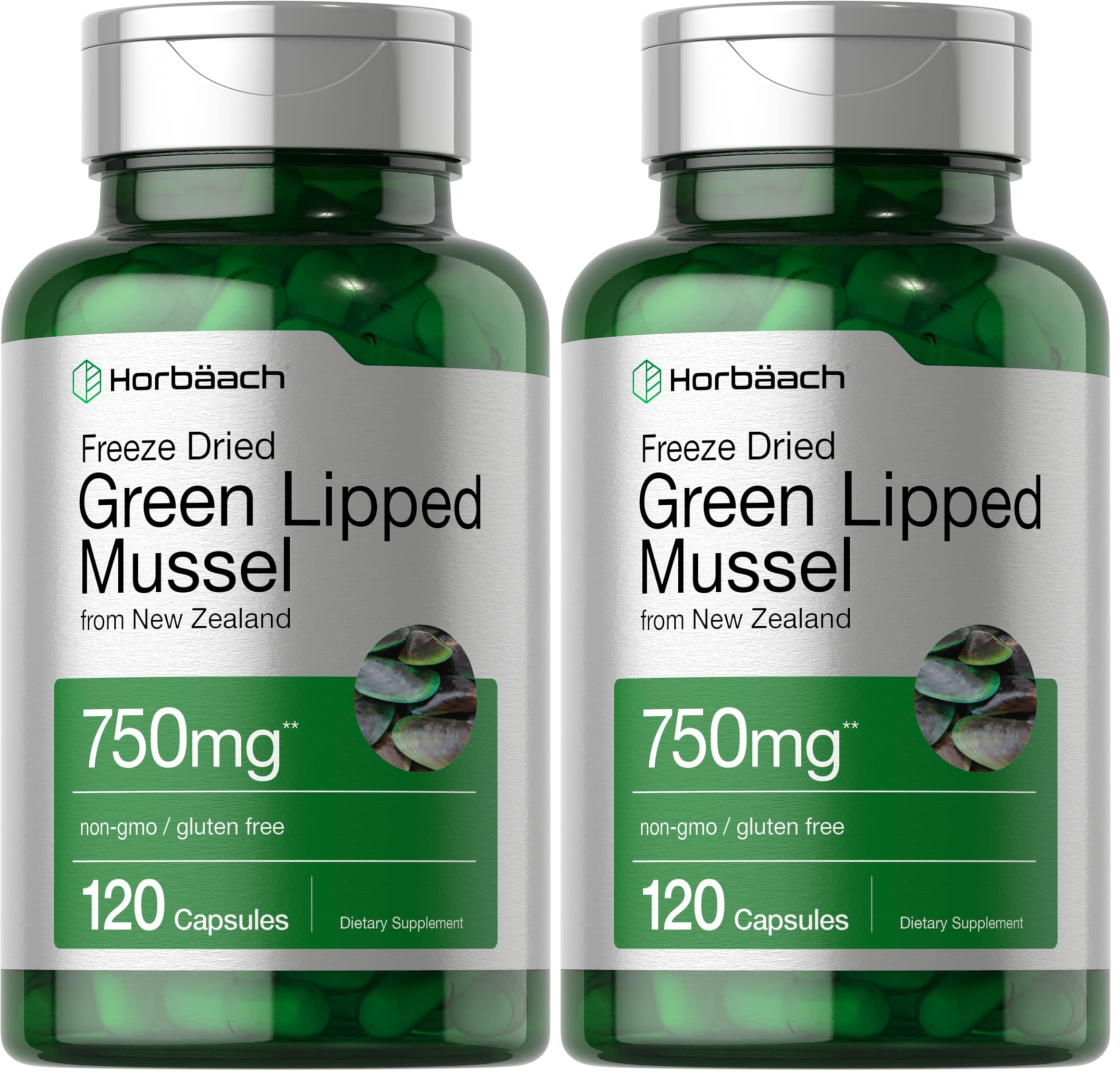 Bottle of Horbäach Green Lipped Mussel 750 mg, 120 capsules