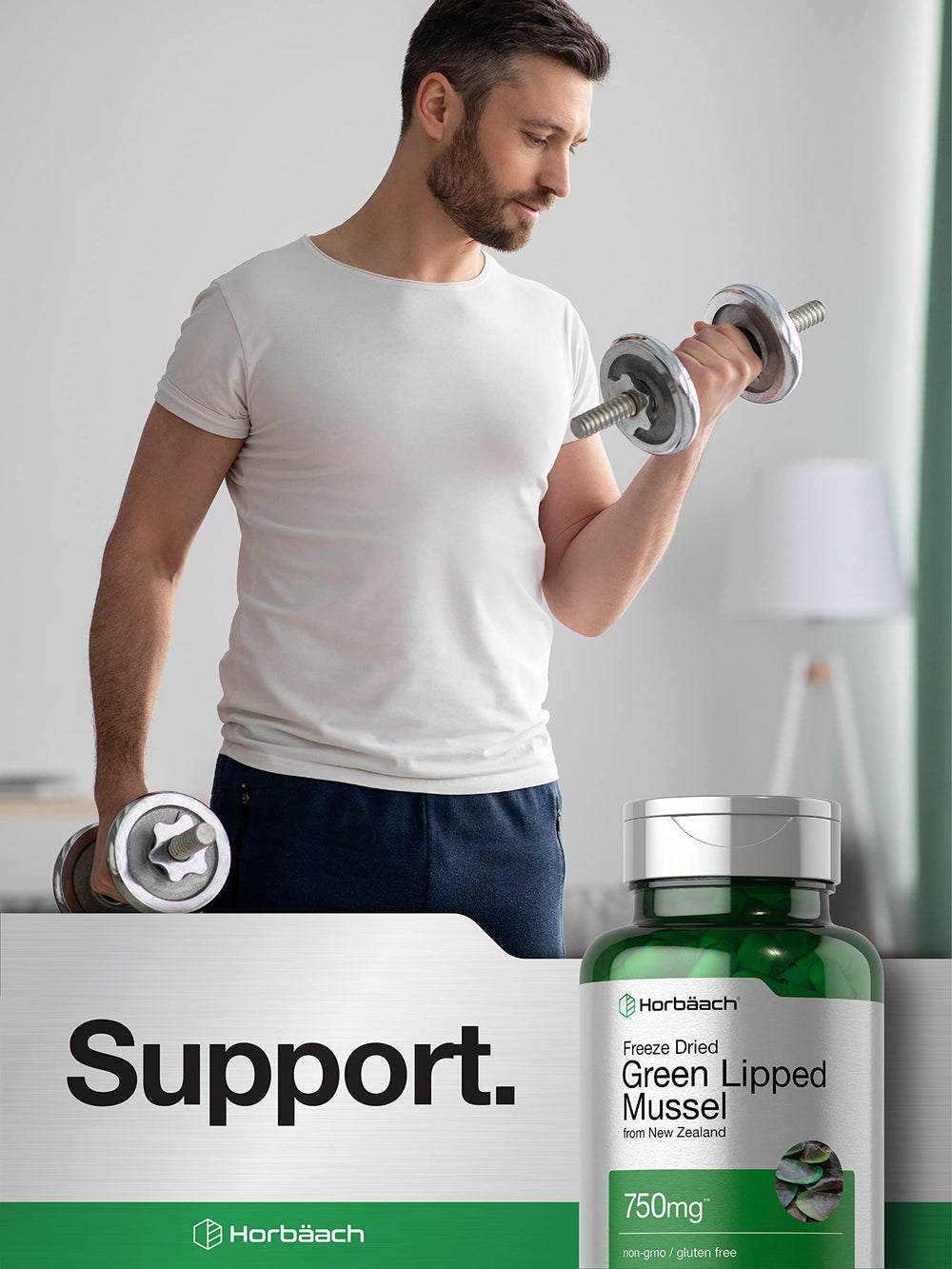 Non-GMO and gluten-free seal on Horbäach Mussel supplement