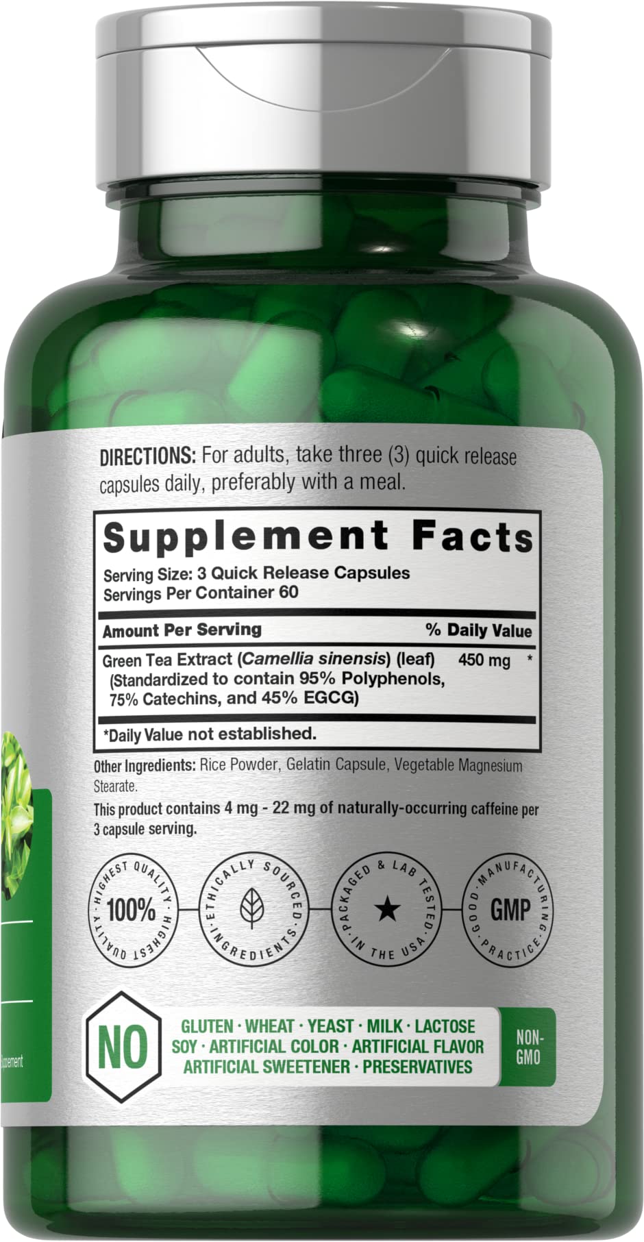 Back view with supplement facts for Horbaach Green Tea Extract Capsules