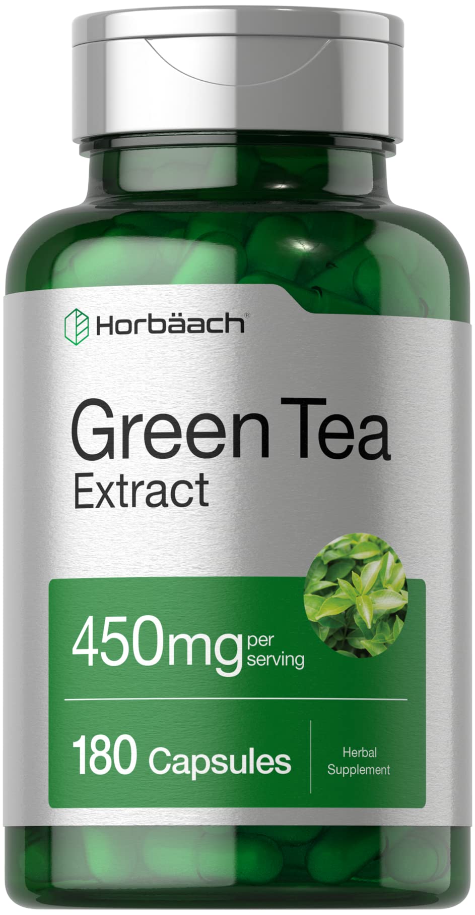 Front view of Horbaach Green Tea Extract Capsules 450mg bottle, 180-count