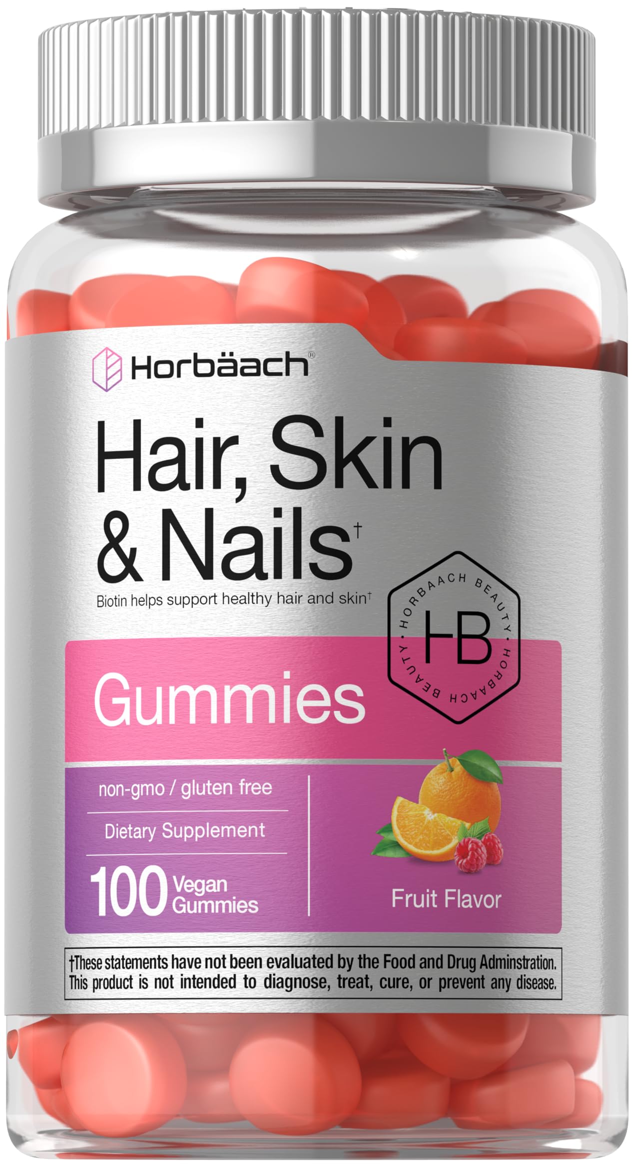 Bottle of Horbaach Hair Skin Nails Gummies showing label