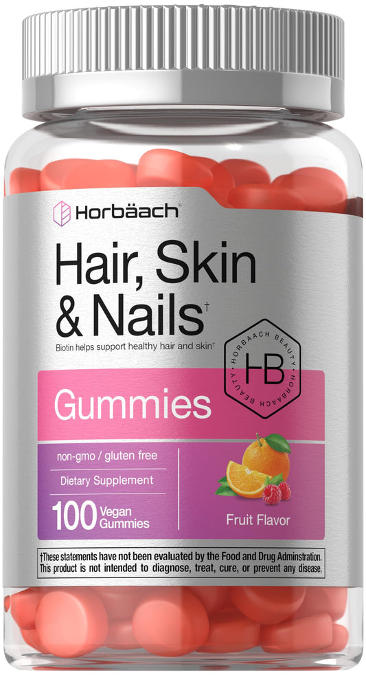 Bottle of Horbaach Hair Skin Nails Gummies showing label