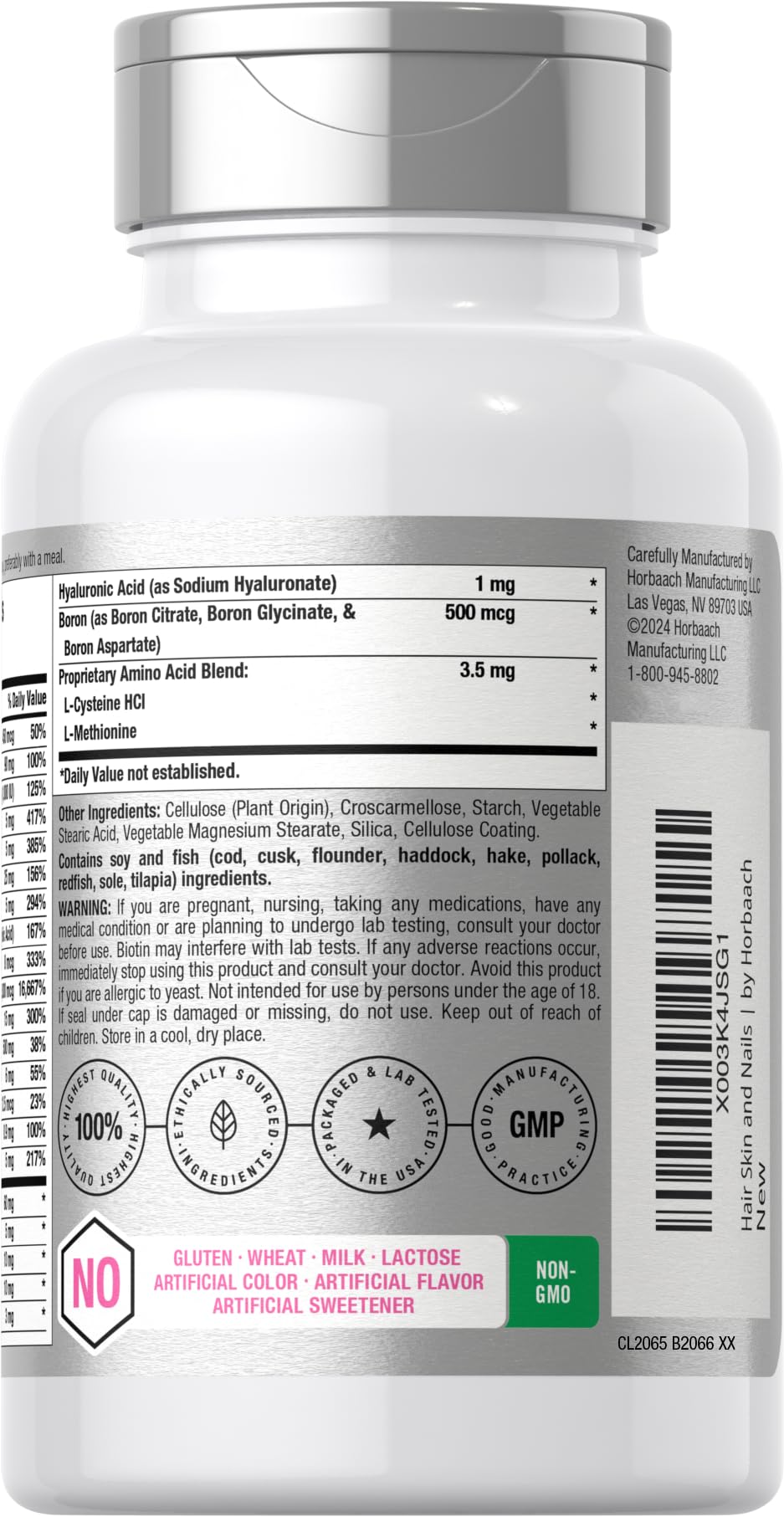 Supplement facts panel of Horbäach Hair Skin and Nails vitamins