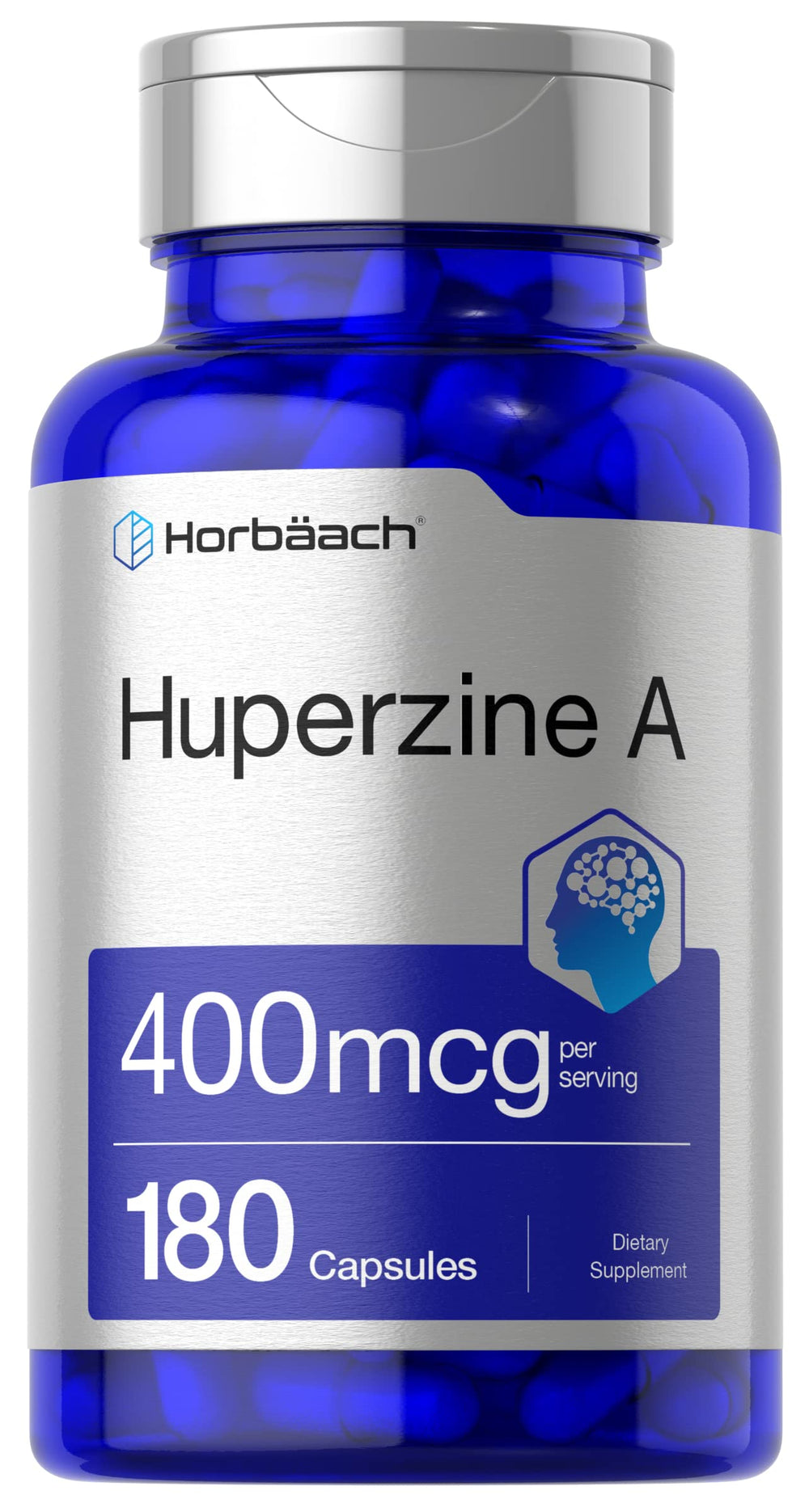 Bottle of Horbaach Huperzine A 400mcg 180 capsules label