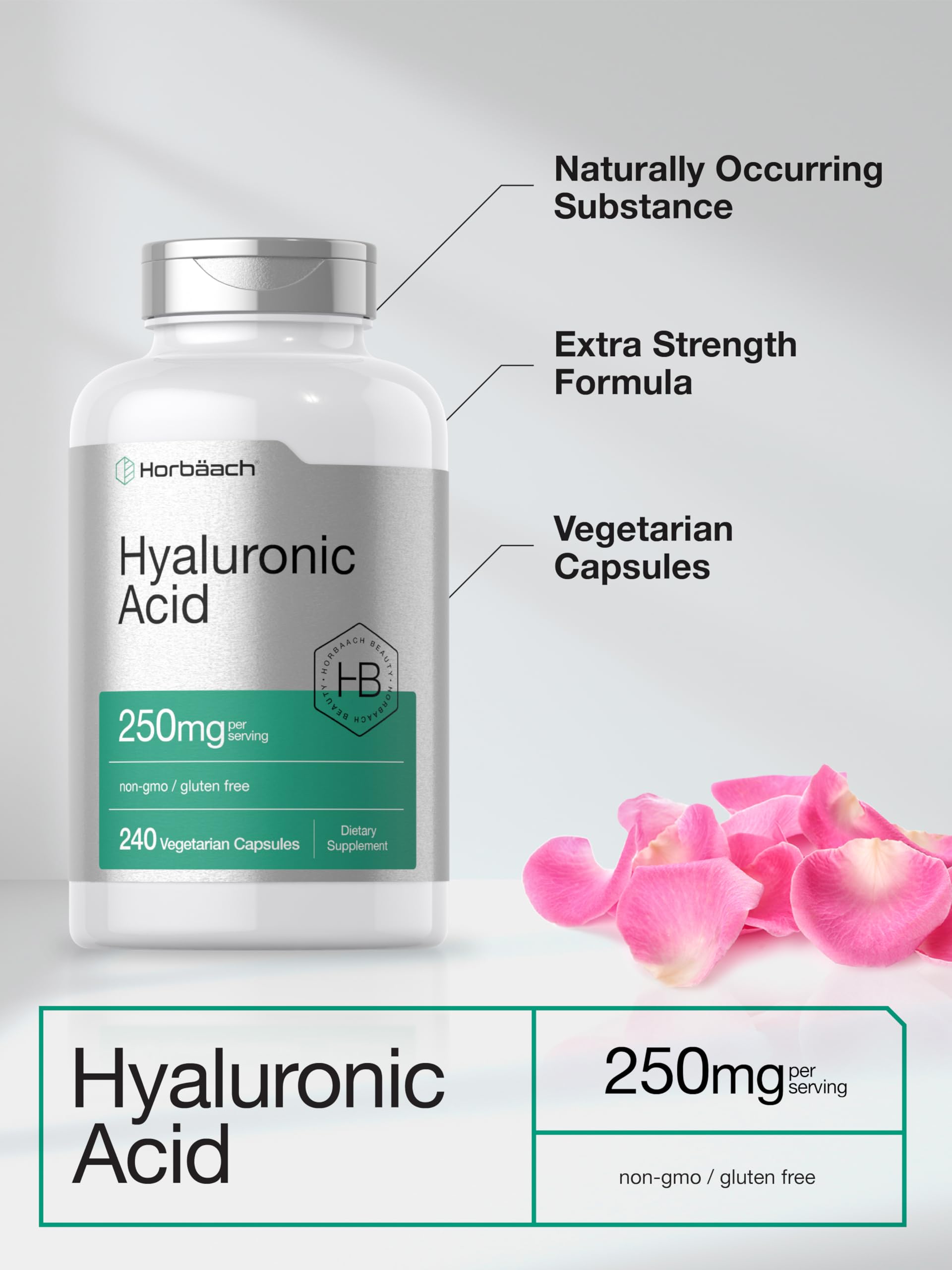 Close-up of Horbaach Hyaluronic Acid capsules (250 mg)