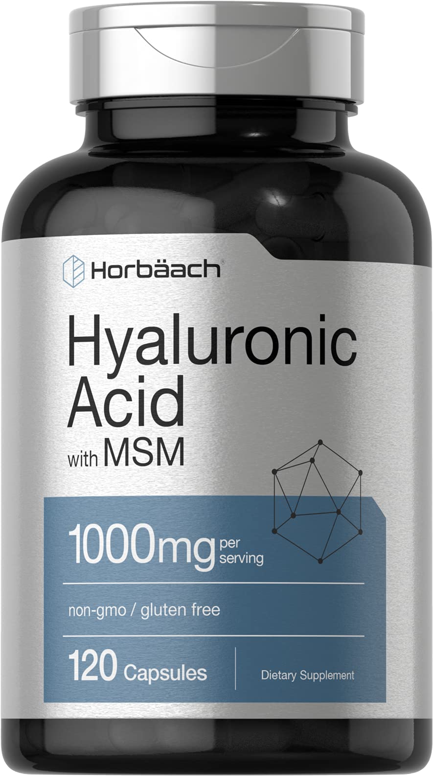 Horbäach Hyaluronic Acid with MSM bottle showing 1000 mg per serving