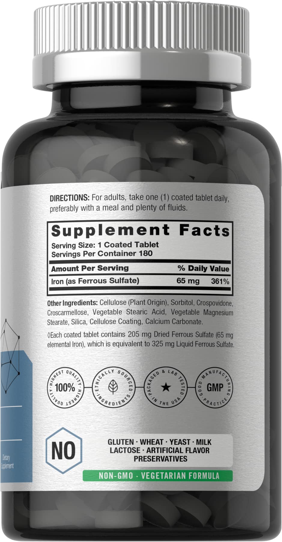 Back view of Horbaach Iron Ferrous Sulfate 325mg 180-count bottle with label