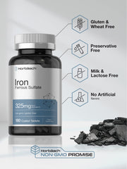 Close-up of coated iron tablets (Ferrous Sulfate) from Horbaach 325mg