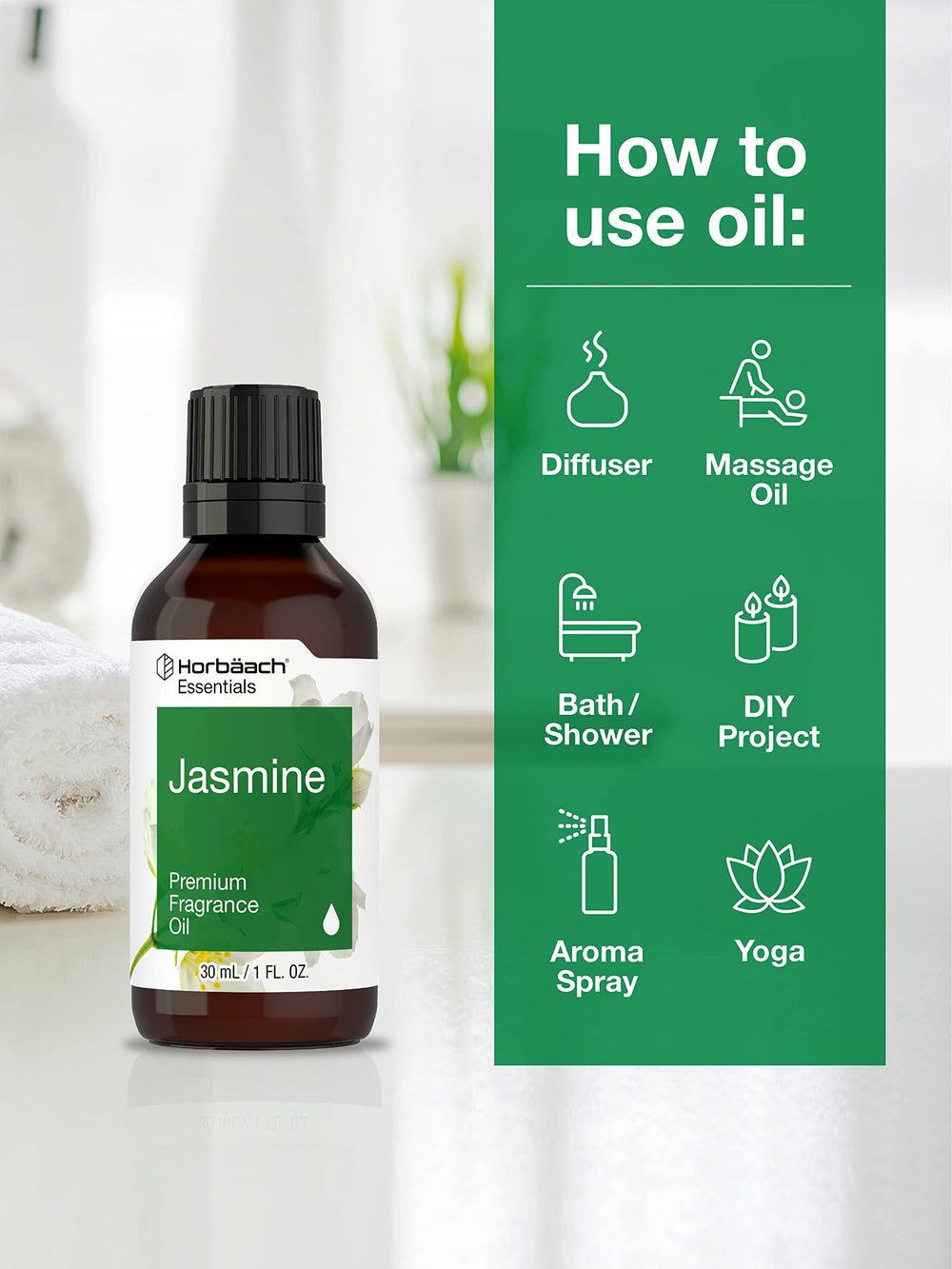 Jasmine fragrance oil used in a diffuser setup with Horbaach