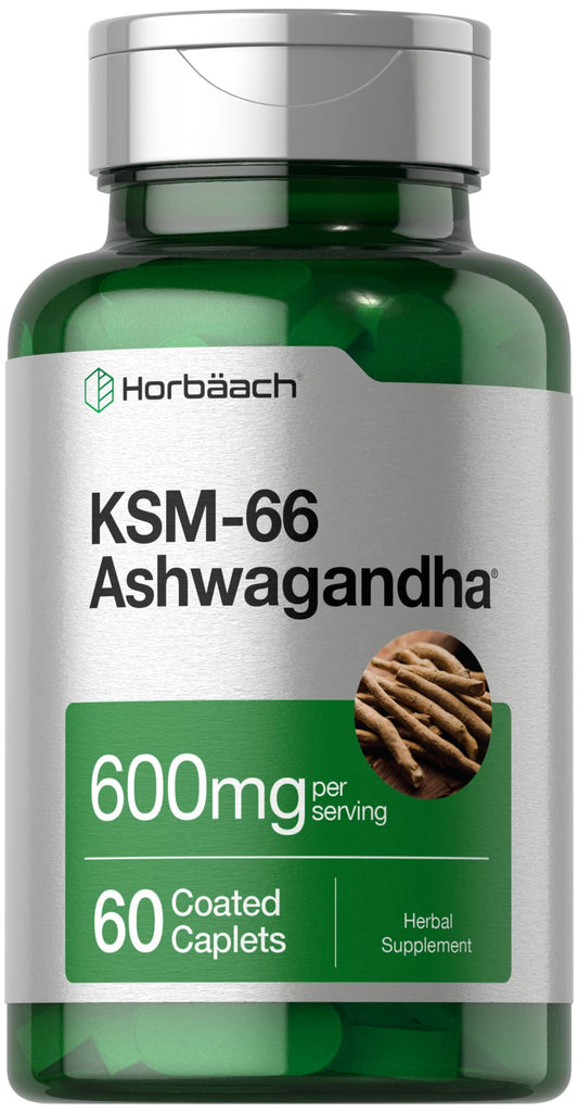 Horbäach KSM-66 Ashwagandha 600mg with L-Theanine bottle and 60 caplets