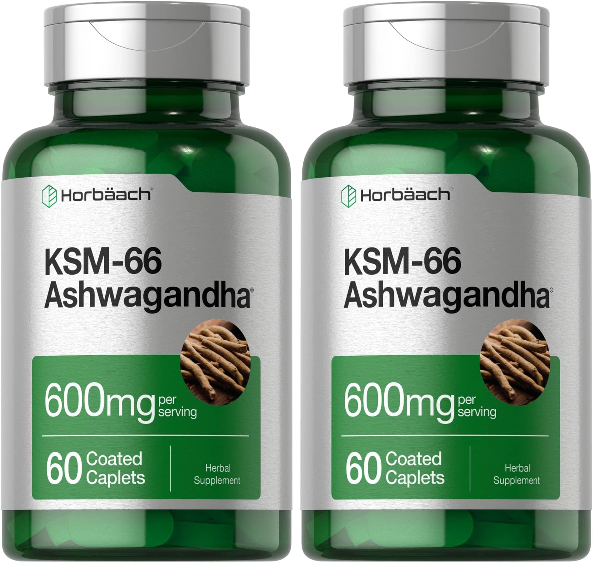 Horbäach KSM-66 Ashwagandha Caplets bottle – front view (pack of 2)