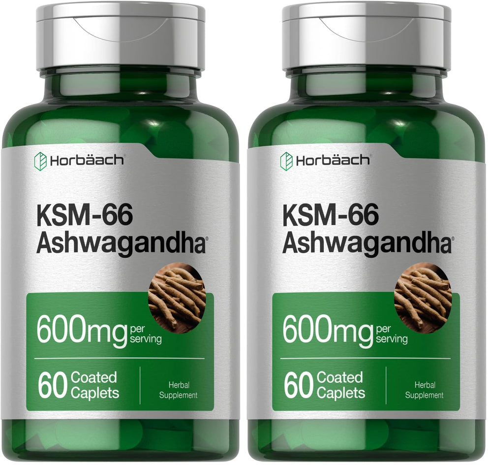 Horbäach KSM-66 Ashwagandha Caplets bottle – front view (pack of 2)
