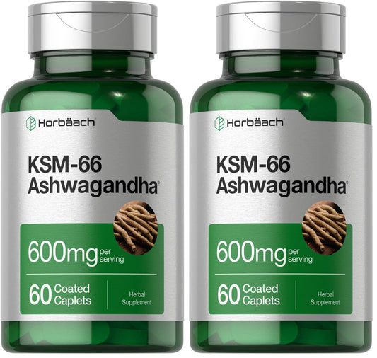 Horbäach KSM-66 Ashwagandha Caplets bottle – front view (pack of 2)