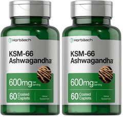 Horbäach KSM-66 Ashwagandha Caplets bottle – front view (pack of 2)
