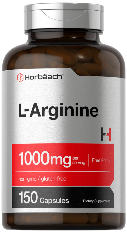 Horbäach L-Arginine 1000mg capsules bottle on white background