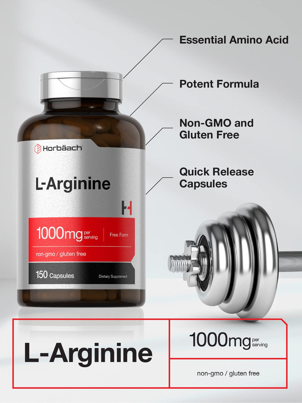 Front view of Horbaach L-Arginine bottle with label