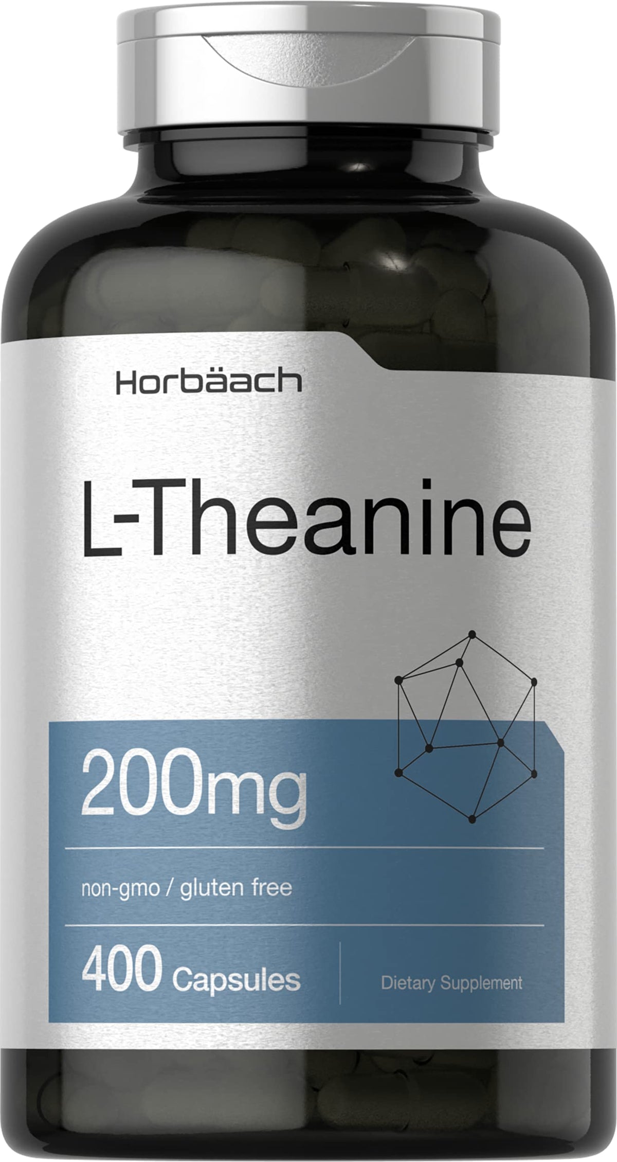 Horbaach L-Theanine bottle with 400 capsules, 200 mg each, value size