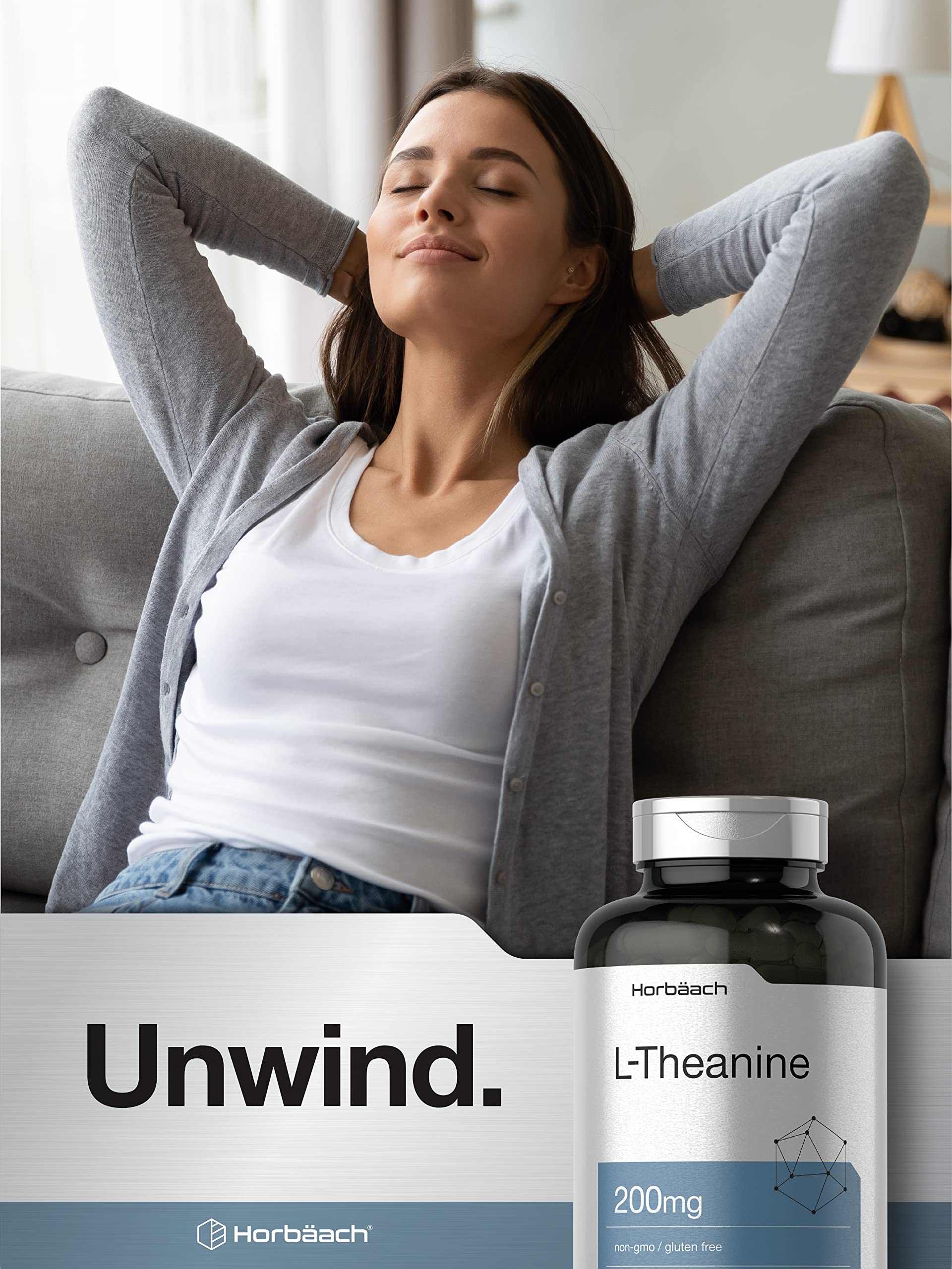 Nutrition facts label for Horbaach L-Theanine 200 mg
